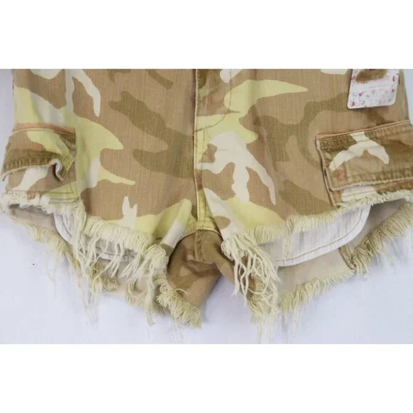 NWT Free People Commander Cut Off Desert Camo Denim Jean Short Tan Camouflage 0